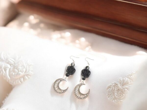Black Rose & Moon Earrings
