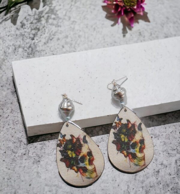 Flower Skull Leather Earrings