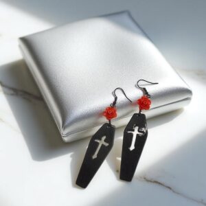 Coffin Shaped Earrings with Rose Detail