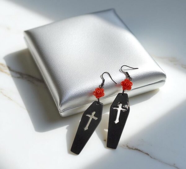 Coffin Shaped Earrings with Rose Detail