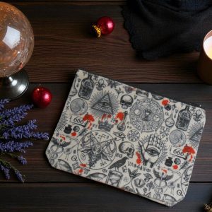 Occult Witchy Makeup Bag – Skull & Symbols Canvas Bag | Gothic & Spiritual Style