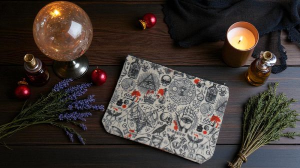 Occult Witchy Makeup Bag – Skull & Symbols Canvas Bag | Gothic & Spiritual Style